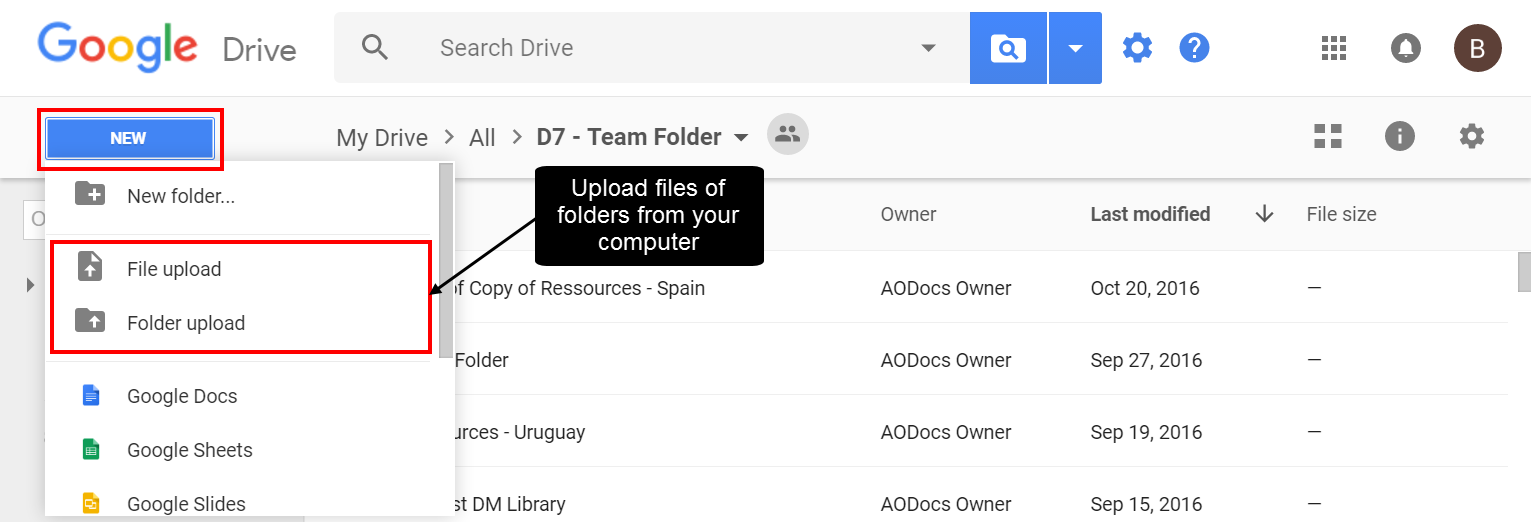 Add files and folders to your Team Folder AODocs Knowledge Base